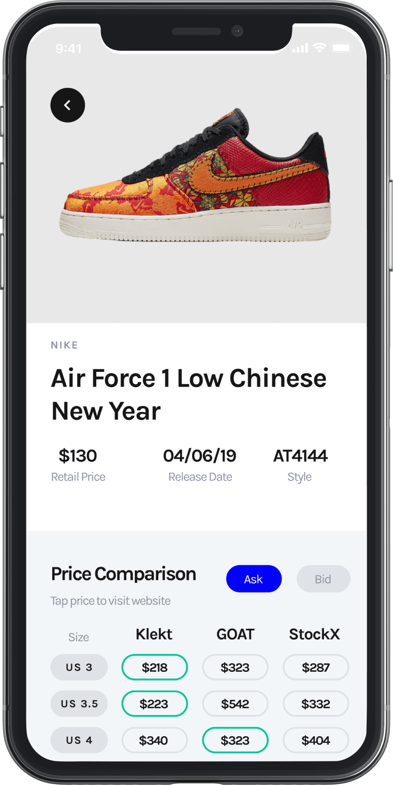 Price comparison screen of the CopDeck iOS app comparing sneaker prices across Klekt, Restocks, and StockX