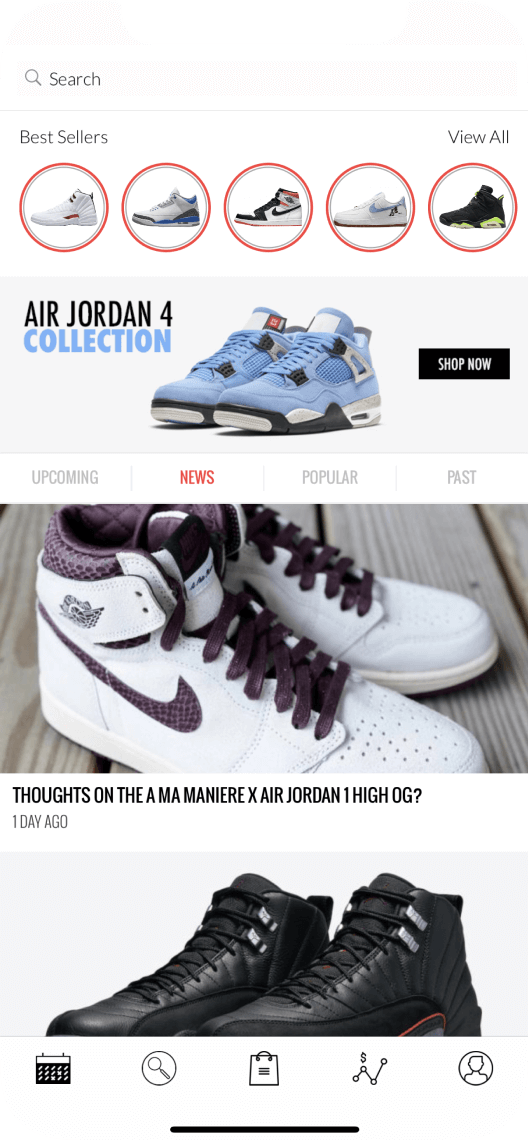 The news screen of the KicksOnFire app informing users of the latest sneaker releases.